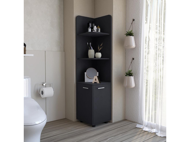 Malibu 62' Tall Double Door Corner Linen Cabinet with Four Shelves Black