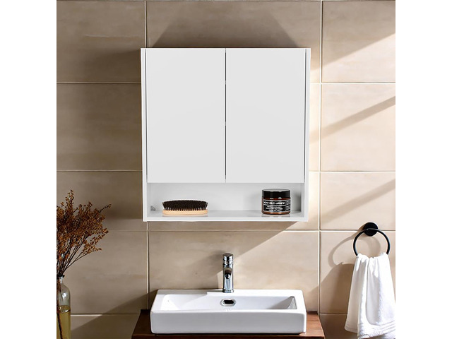 Double-Door Medicine Cabinet With Mirrored Doors And Interior Shelves, White
