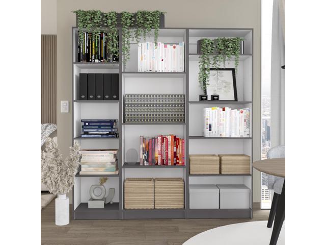 Dupree 3 Piece Home Bookcase set, 67' Wide with 14 Shelves, Living Room Set Set Mat Gray - White