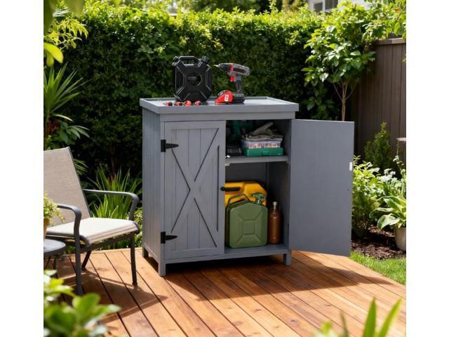 Tool Shed,Outdoor Storage Cabinet,with Galvanized Top and Two Shelves for Yard Tools or Pool Accessories