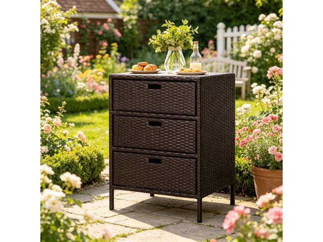Outdoor Towel Rack,3 Drawers Cabinet Organizer,Rattan Storage Cabinet
