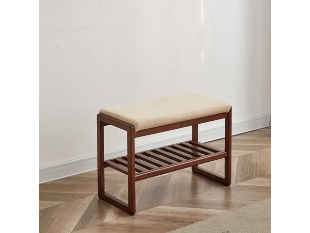 (Walnut Color) Solid Wood Shoe Bench, Beech Wood Storage Rack Organizer with High Rebound Sponge Cushion
