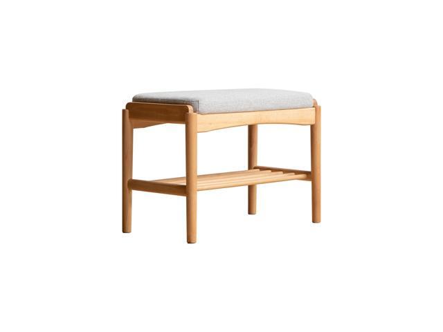 (Beige) Natural Solid Wood Shoe Bench, Mid-Century Modern Storage Bench with High Rebound Sponge Cushion for Entryway and Living Spaces