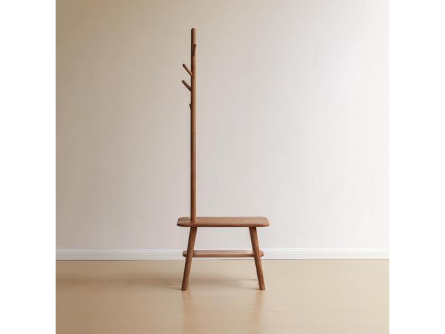 (Natural Color) Natural Solid Wood Shoe Stool With Cloth Hanger, Mid-Century Modern Storage Bench with High Rebound Sponge Cushion for Entryway and...
