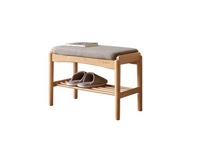 (Gray) Natural Solid Wood Shoe Bench, Mid-Century Modern Storage Bench with High Rebound Sponge Cushion for Entryway and Living Spaces