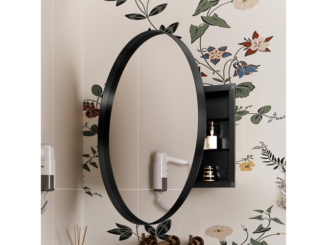 31.5 Inch Surface Mount Round Metal Framed Medicine Cabinet with Mirror and Adjustable Shelves Black Wall Mirror with Storage for Bathroom, Matte...