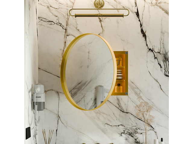 23.6 Inch Surface Mount Round Metal Framed Medicine Cabinet with Mirror and Adjustable Shelves Black Wall Mirror with Storage for Bathroom, Matte Gold