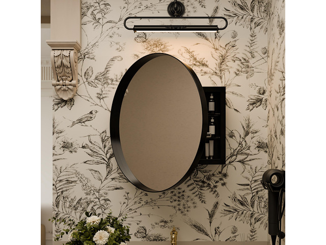 23.6 Inch Surface Mount Round Metal Framed Medicine Cabinet with Mirror and Adjustable Shelves Black Wall Mirror with Storage for Bathroom, Black