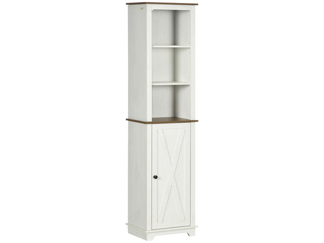 kleankin Slim Bathroom Storage Cabinet with Triple Open Shelves, Wooden Freestanding Linen Tower with Door and Shelf Adjustability, White