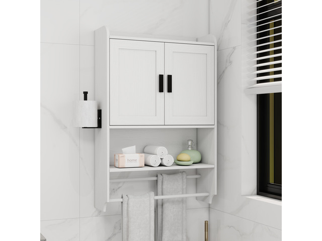 Bathroom Wall Cabinet with Doors,Adjustable Shelf,Towel Bar and Paper Holder, Over The Toilet Storage Cabinet, Medicine Cabinet for Bathroom-White