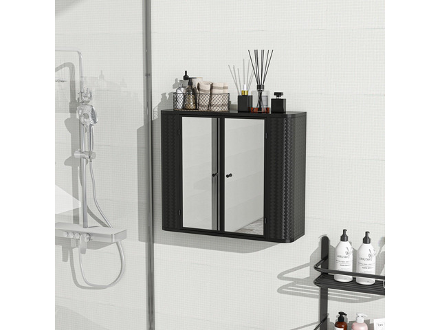 Black Wall-Mounted Bathroom Cabinet with Mirror, 2 Mirrored Doors & Open Shelf, Farmhouse Metal Frame Storage Cabinet with Open Compartment for...
