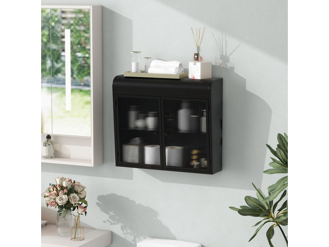 2-Door Wall-Mounted Metal Storage Cabinet with Tempered Glass Doors & Shelves for Bathroom, Kitchen, Living Room & Office
