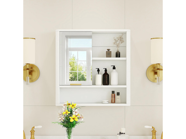Modern Bathroom Mirror Cabinet, Wall Mounted Storage Cabinet with Open Shelves, Waterproof Medicine Cabinet with Gold Accent, Space Saving Vanity...
