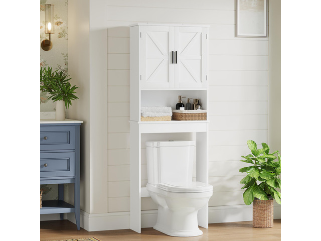 Over The Toilet Storage Cabinet with Adjustable Shelf, Bathroom Space Saver Organizer with Double Doors and Open Shelf, Freestanding Toilet Rack...