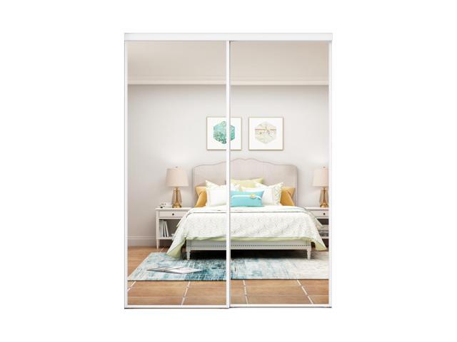 60 in. x 80 in. Mirror White Steel Frame Interior Closet Sliding Door with White Trim and Hardware Kit