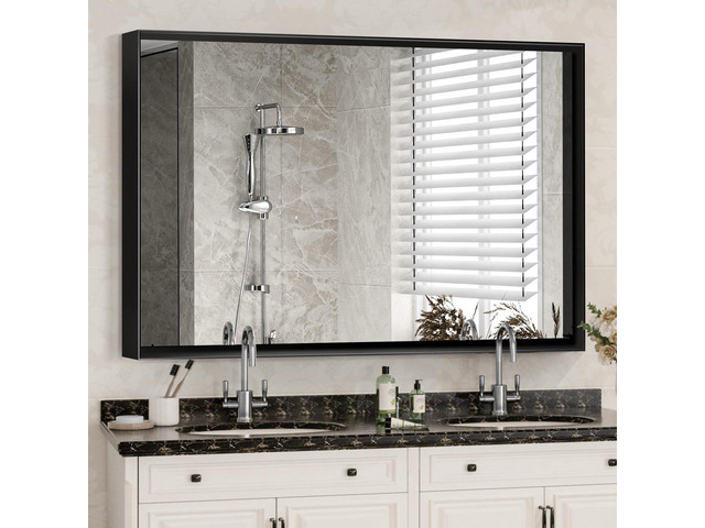 36x30inch Glossy Black Bathroom Mirrors For Wall Rectangle Vanity Mirror Corner Hangs Farmhouse Mirror Modern Metal Framed Rectangular Mirror,...