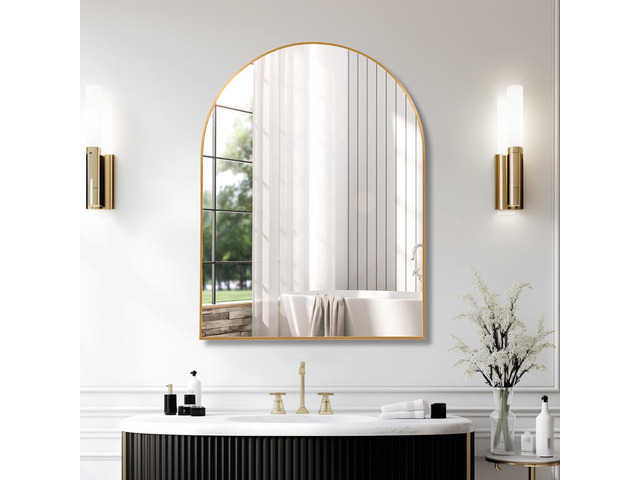 30x40 Inch Gold Metal Framed Arched Bathrrom Mirror for Wall.