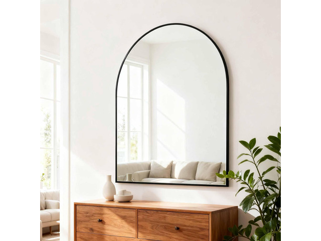 30x36 Inch Black Metal Framed Arched Bathrrom Mirror for Wall.