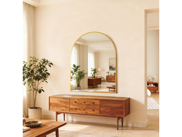 30x36 Inch Gold Metal Framed Arched Bathrrom Mirror for Wall.
