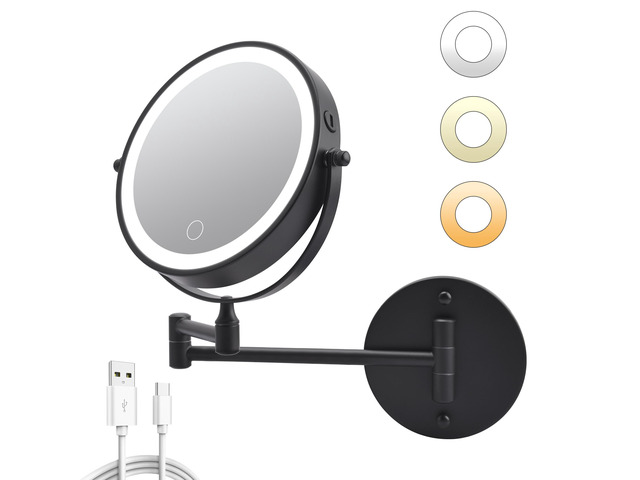 Rechargeable Wall Mounted Makeup Mirror 8'' Magnifying Mirror with Lights Double-Sided 1X/10 360° Rotation Extension Bathroom Shaving Mirror with...