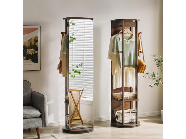 Solid Rubberwood Rotating Full-Length Mirror Cabinet, Freestanding Jewelry Armoire with Multi-Functional Hooks and Shelves for Bedroom & Closet