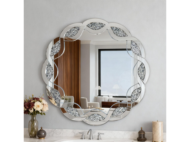 Silver Crush Diamond Round Wall Mirror, 31.5 Inch Wave Frame Decorative Mirror for Living Room, Bathroom, Bedroom, Hallway, Heavy Duty Frame with 2...