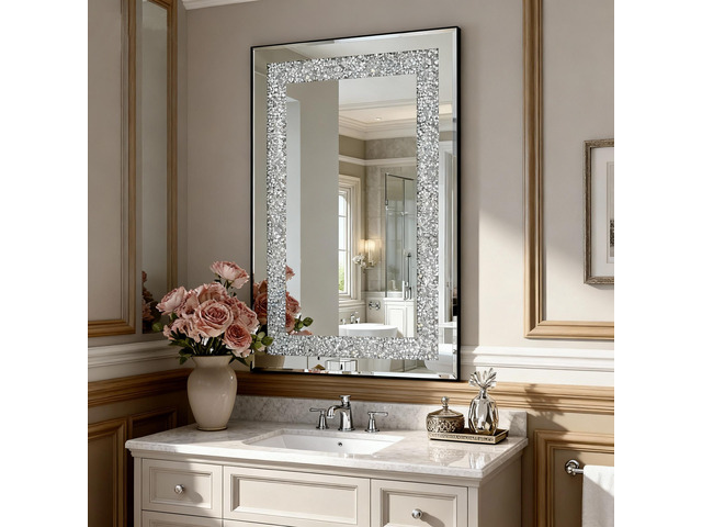 Crystal Crush Diamond Rectangle Silver Mirror for Wall, Large 36x24 Inch Modern Decorative Hanging Mirror with Beveled Edge, for Living Room,...