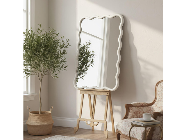 White Color 24'x36' Wavy Rectangle Solid Wood Frame Decorative Mirror,For Bedroom, Bathroom, Living Room, Entryway