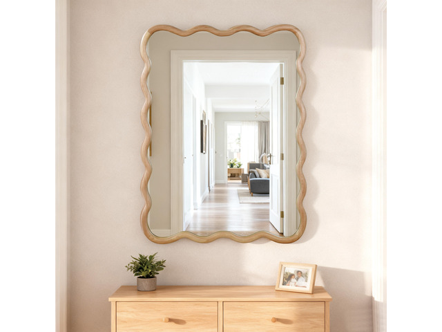 Natural Wood 30'x40' Wavy Rectangle Solid Wood Frame Decorative Mirror,For Bedroom, Bathroom, Living Room, Entryway