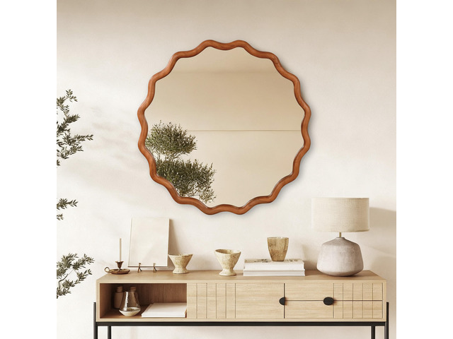Yellowish Brown 36 inch Wavy Round Solid Wood Frame Decorative Mirror,For Bedroom, Bathroom, Living Room, Entryway