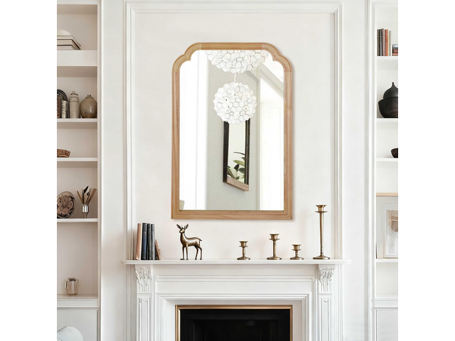 Natural Wood Color 24' x 36' Solid Wood Frame Rounded Corner Decorative Mirror, For Bedroom, Bathroom, Living Room, Entryway
