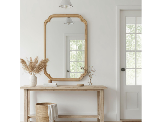 Natural Wood Color 20' x 30' Solid Wood Frame Rounded Corner Decorative Mirror, For Bedroom, Bathroom, Living Room, Entryway