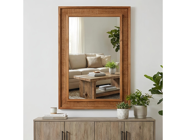 Yellowish Brown 20'x30' Rattan Rectangle Solid Wood Frame Decorative Mirror,For Farmhouse,Bathroom,Home Decor,Entryway