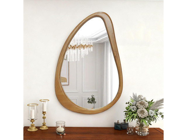 Modern Irregular Teardrop Wooden Wall Mirror, 29.92' x 20.08' Decorative Accent Mirror for Bathroom, Bedroom, Living Room, Mid-Century Home Decor