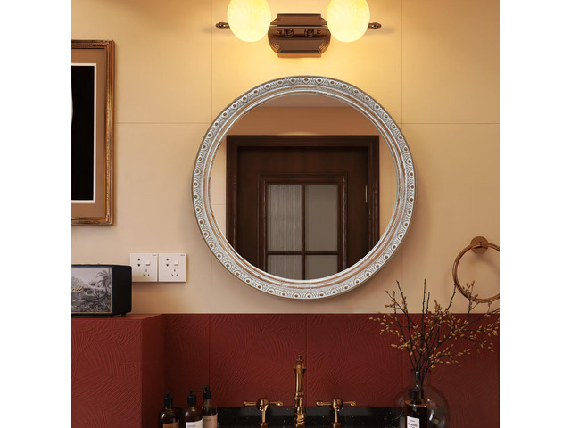 Ornate Round Wall Mirror (23.62' x 23.62') - Distressed Silver-Gold Carved Frame, Decorative Hanging Mirror for Bathroom, Bedroom, Entryway &...