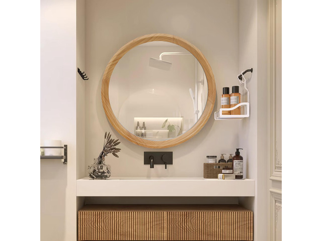 Natural Wood Round Wall Mirror, 23.62' Minimalist Decorative Mirror for Bathroom Vanity/Living Room (Sleek Solid Wood Frame)