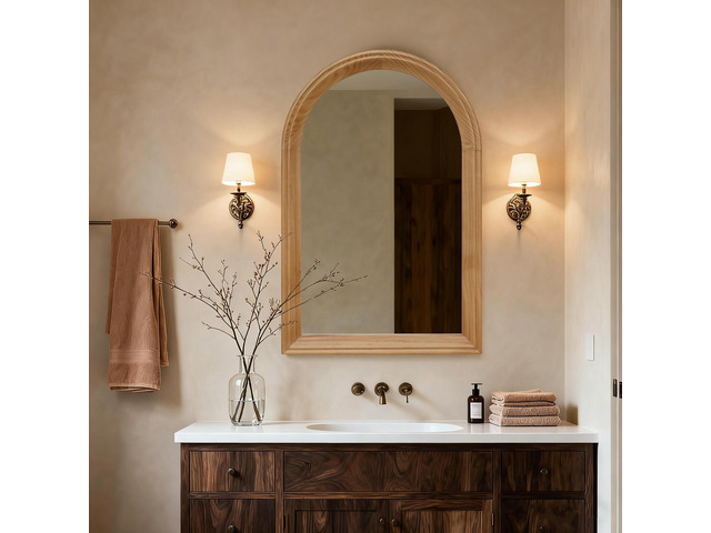 Arched Wood Framed Wall Mirror, 35.43' H x 23.62' W Rustic Decorative Mirror for Bathroom/Vanity/Living Room (Natural Oak Finish)