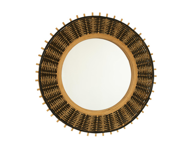 23'' Echo Mirror, Bamboo Round Art Wall Mirror with Light Yellow and Black Hemp Ropes, Suitable for Bathroom, Bedroom, Living Room, Entryway, etc.
