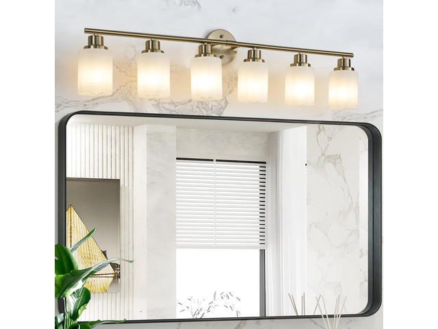 39' Modern 6-Light Vanity Wall Sconce, Golden Finish with Frosted Glass Shades for Bathroom Or Hallway Lighting (No Bulbs)