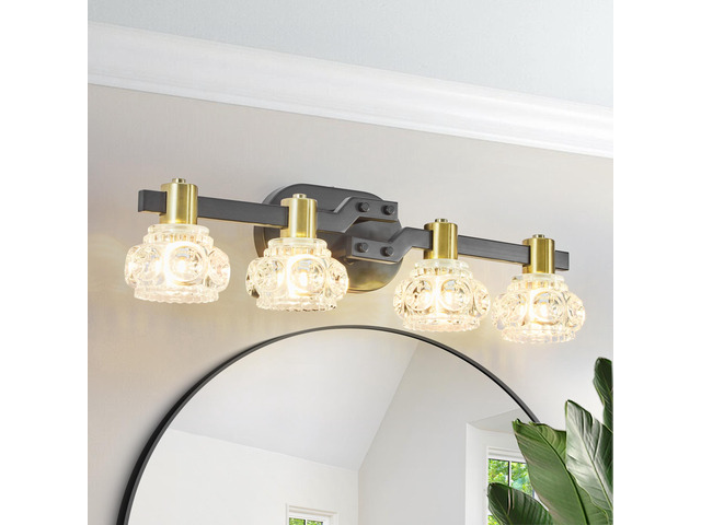 24' Vintage 4-Light Wall Sconce with Clear Crystal Shades, Black Iron Finish Vanity Light Fixture for Bathroom Or Hallway (No Bulbs)