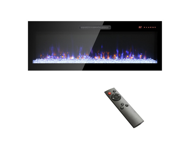60 Inch Recessed Ultra Thin Tempered Glass Front Wall Mounted Electric Fireplace With Remote And Multi Color Flame & Emberbed, Led Light Heater