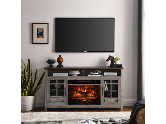 55 Inch Tv Media Stand With Electric Fireplace Kd Inserts Heater,Gray Wash Color
