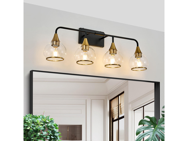 31' Modern 4-Light Vanity Wall Sconce - Black and Gold Bathroom Light Fixture with Clear Glass Shades, industrial Wall Mounted Lamp for Mirror,...
