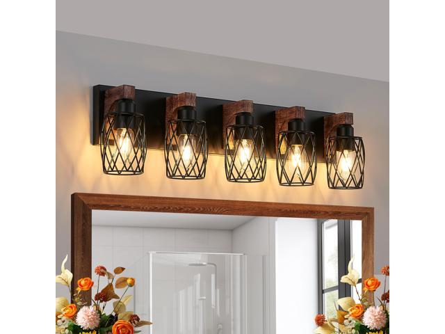 31' industrial Vintage 5-Light Wall Sconce - Black Cage Wall Lighting Fixture with Wooden Accents for Bathroom, Hallway, Or Living Room (Bulb Not...
