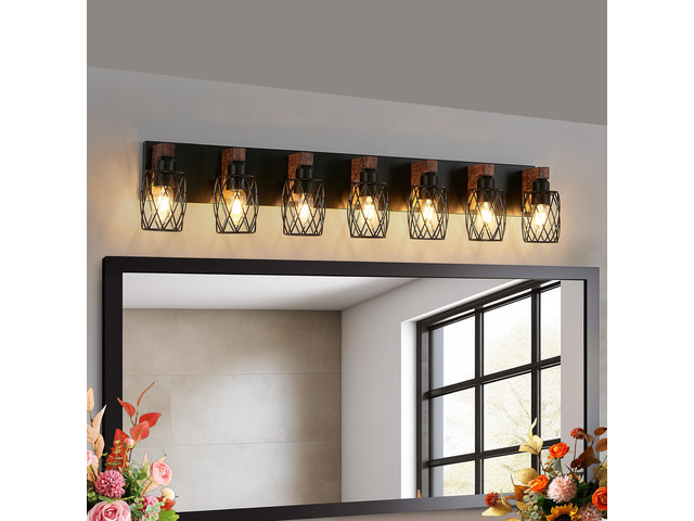 industrial Vintage 7-Light Wall Sconce - Black Cage Wall Lighting Fixture with Wooden Accents for Bathroom, Hallway, Or Living Room (Bulb Not...