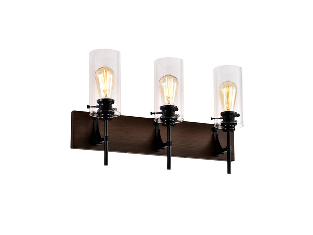 3-Light Matte Black + Wood Color Bathroom Light Fixtures, Modern Vanity Lights with Glass Shade, Vintage Light Fixture Bathroom Over Mirror Wall...