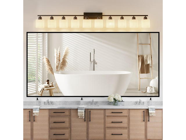 10 Light Bathroom Vanity Lights Over Mirror, 65.4 inch Black Vanity Lights Fixtures with White Glass Shades Matte Black Modern Vanity Lights Black...