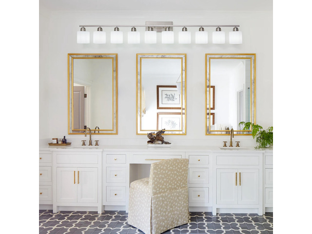 10-Light Bathroom Light Fixtures, 6552inch Nickel Vanity Light with Milky White Glass Shade, Modern Bathroom Wall Lights Over Mirror, Farmhouse...