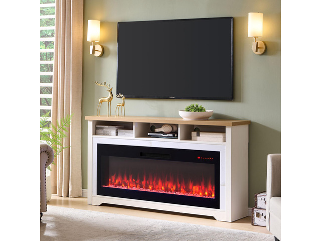 60 Inch Fireplace Tv Stand For Tvs Up To 70',With 50'Smart Electric Fireplace,White