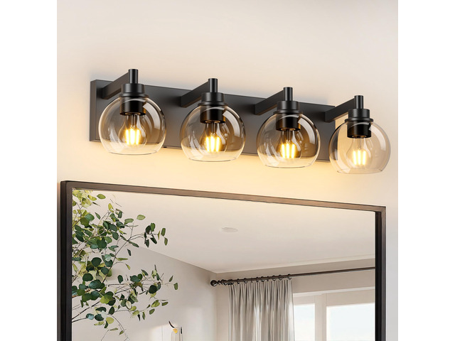 industrial Bathroom Vanity Light,4-Light Bathroom Lights Over Mirror with Clear Glass Globe Shade and Metal Base, Matte Black Bathroom Vanity Light...